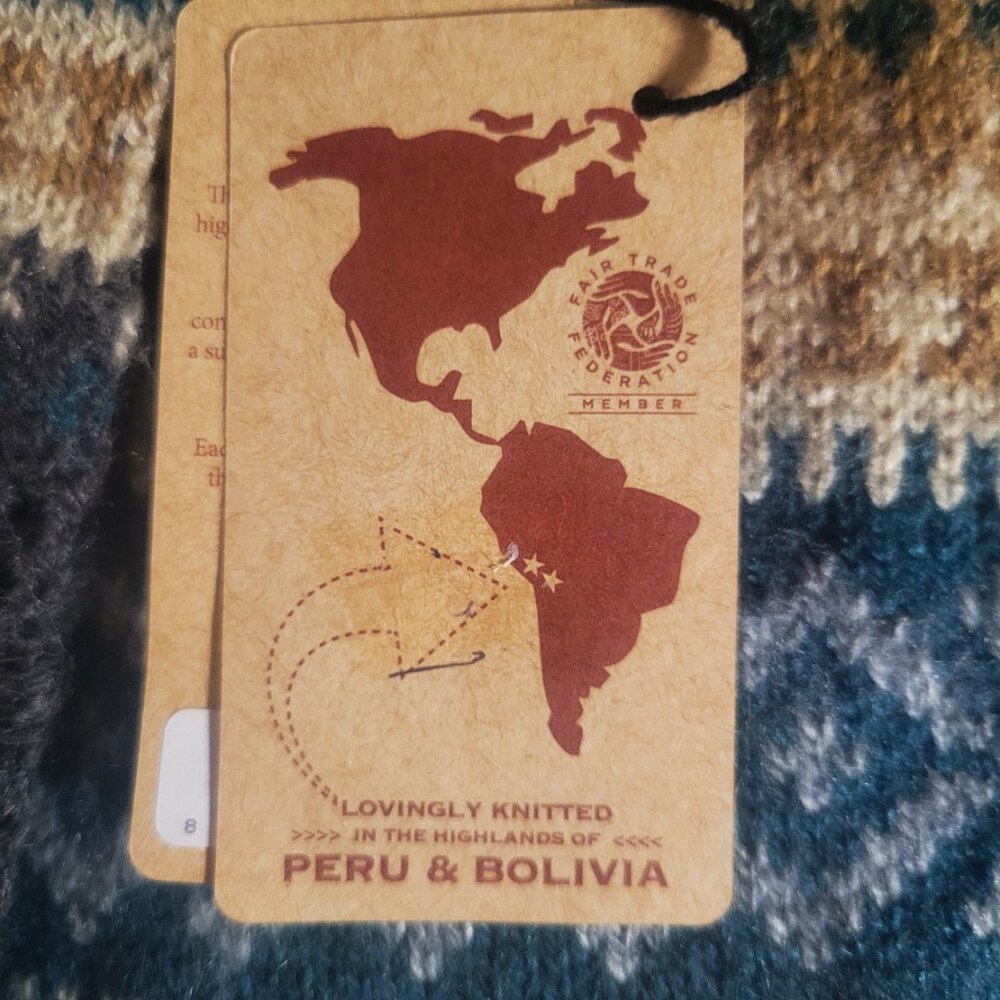 NWT! Andes Gifts Fair Trade Handmade Alpaca Blend Blue/Gray/Tan Pattern w/Fringe - Picture 9 of 10